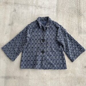 Yushi Textured Grid Jacket Blue Button Front Made in USA Size Medium